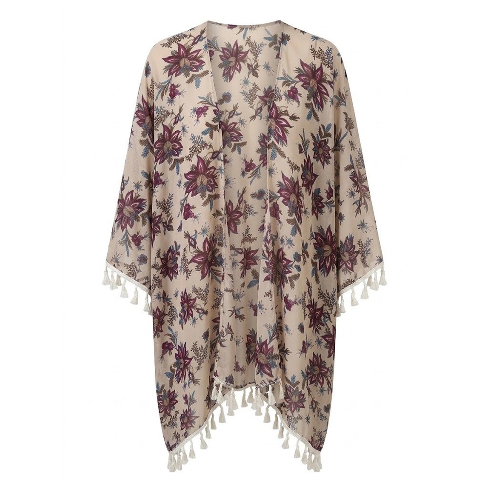 Guess the curve Kimono Womens 2XL Floral Tassel Trim Sheer Boho Romantic Wrap